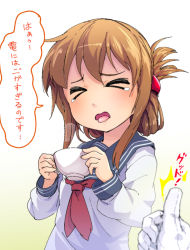 Rule 34 | &gt; &lt;, 10s, 1girl, admiral (kancolle), brown hair, closed mouth, coffee, coffee cup, cup, disposable cup, closed eyes, folded ponytail, gloves, inazuma (kancolle), kantai collection, long hair, long sleeves, magenta (atyana), neckerchief, open mouth, out of frame, school uniform, serafuku, solo focus, tears, thumbs up, tongue, tongue out, translation request, wavy mouth