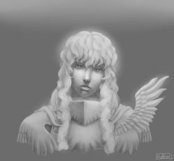 Rule 34 | 1990s (style), 1boy, absurdres, artist name, berserk, expressionless, feathers, grey background, greyscale, griffith (berserk), highres, koffo-art, long hair, male focus, monochrome, portrait, signature, simple background, solo