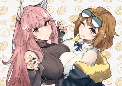 Rule 34 | animal ear fluff, animal ears, blush, bow, bowtie, breasts, brown hair, cat ears, detached sleeves, eyewear on head, fur-trimmed jacket, fur trim, girls&#039; frontline, girls&#039; frontline neural cloud, gloves, grizzly mkv (girls&#039; frontline), hands on another&#039;s hips, hands up, holding, jacket, large breasts, long hair, looking at viewer, multiple girls, nakiusagi, open mouth, persicaria (neural cloud), pink eyes, pink hair, purple eyes, short hair, smile, striped bow, striped bowtie, striped clothes, sunglasses, sweater
