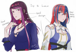 Rule 34 | 2girls, alear (female) (fire emblem), alear (fire emblem), blue eyes, blue hair, blush, breasts, character name, choker, cleavage, cleavage cutout, clothing cutout, crossed bangs, dress, english text, female focus, fire emblem, fire emblem engage, flower, hair between eyes, heterochromia, ivy (fire emblem), jewelry, large breasts, long hair, long sleeves, matching hair/eyes, medium breasts, multicolored hair, multiple girls, necklace, nintendo, official alternate costume, purple eyes, purple hair, red eyes, red hair, ribbon, rose, split-color hair, tiara, twitter username, two-tone hair, veil, white background, white ribbon, yuuhi (arcadia)