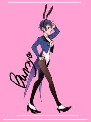Rule 34 | 1girl, blue hair, breasts, cleavage, female focus, full body, high heels, nemo (nm20000), persona, persona 4, playboy bunny, shirogane naoto, short hair, simple background, solo
