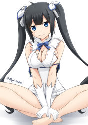 Rule 34 | 10s, 1girl, arm ribbon, artist name, bare shoulders, barefoot, black hair, blue eyes, blush, bow, breasts, butterfly sitting, cleavage, cleavage cutout, clothing cutout, dress, dungeon ni deai wo motomeru no wa machigatteiru darou ka, elbow gloves, feet, female focus, fuuma nagi, gloves, hair ornament, hair ribbon, hands on feet, hestia (danmachi), indian style, large breasts, long hair, looking at viewer, rei no himo, ribbon, short dress, simple background, sitting, smile, solo, twintails, v arms, white background, white dress, white gloves