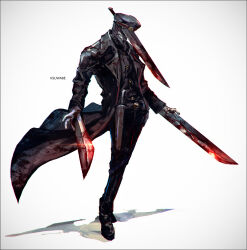 Rule 34 | 1boy, artist name, black coat, black footwear, black pants, black shirt, blood, blood on clothes, bloody weapon, chainsaw man, coat, facing to the side, full body, hat, holster, hybrid, k-suwabe, katana, katana man (chainsaw man), military hat, pants, shirt, simple background, solo, standing, sword, weapon, white background