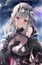 Rule 34 | 1girl, black dress, black gloves, black ribbon, blush, breasts, cleavage, detached sleeves, diadem, dress, gloves, goddess of victory: nikke, grey hair, hair ribbon, hand on own chest, highres, large breasts, long hair, looking at viewer, marian (nikke), modernia (nikke), pinjirooo, red eyes, ribbon, see-through, see-through cleavage, smile, solo, weapon