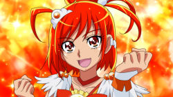Rule 34 | 1girl, :d, anime coloring, blurry, blurry background, brown eyes, choker, clenched hands, collarbone, cure sunny, damascus (dearigazu2001), detached sleeves, hair between eyes, highres, hino akane (smile precure!), long sleeves, looking at viewer, open mouth, orange background, orange choker, orange hair, portrait, precure, short hair, smile, smile precure!, solo, white sleeves