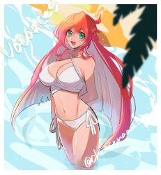 Rule 34 | 1girl, ahoge, arm behind back, breasts, cheesenaanlassi, cleavage, green eyes, guilty gear, guilty gear strive, halo, highres, jack-o&#039; valentine, large breasts, long hair, multicolored hair, red hair, solo, swimsuit, water, white hair