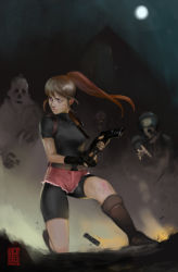Rule 34 | 1girl, bike shorts, bike shorts under shorts, cartridge, claire redfield, gun, letsplaygods, long hair, magazine (weapon), multiple boys, on one knee, resident evil, resident evil 2, shorts, third-party source, weapon, zombie