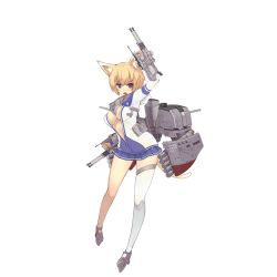 Rule 34 | 1girl, animal ears, arm up, blonde hair, blue skirt, blush, breasts, cannon, eyebrows, fletcher (warship girls r), full body, holding, holding weapon, hood, hoodie, looking at viewer, machinery, miniskirt, navel, no bra, official art, open clothes, open hoodie, open mouth, paw print, pleated skirt, purple eyes, remodel (warship girls r), rudder footwear, single thighhigh, skindentation, skirt, smokestack, solo, standing, stmast, tail, thighhighs, torpedo, transparent background, turret, warship girls r, weapon, white thighhighs