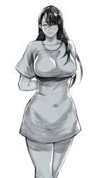 Rule 34 | 1girl, arms behind back, breasts, closed mouth, collarbone, glasses, grey background, highres, kamishiro rize, large breasts, long hair, looking at viewer, monochrome, red-framed eyewear, shirt, short sleeves, simple background, smile, solo, spot color, tagme, tokyo ghoul, yourfreakyneighbourh