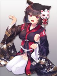 Rule 34 | 1girl, :d, animal ear fluff, animal ears, azur lane, bad id, bad pixiv id, bell, black kimono, breasts, brown hair, cat ears, cat mask, commentary request, fang, fingernails, floral print, hand up, highres, honami (yths4221), japanese clothes, jingle bell, kimono, large breasts, long sleeves, looking at viewer, mask, mask on head, open mouth, red eyes, red ribbon, ribbon, short hair, sideboob, sitting, smile, solo, thighhighs, wariza, white thighhighs, wide sleeves, yamashiro (azur lane)