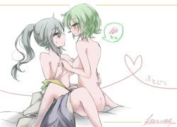 Rule 34 | 2girls, ass, bed, unworn clothes, commentary request, convenient censoring, eye contact, female focus, green eyes, green hair, karuga (magusfly24), looking at another, mononobe no futo, multiple girls, nude, grey eyes, silver hair, soga no tojiko, spoken blush, string, string of fate, touhou, yuri