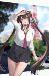 Rule 34 | 1girl, :d, absurdres, alternate costume, arm at side, arm up, bakemonsou, black choker, blurry, blurry background, breasts, brown eyes, brown hair, choker, collared shirt, cowboy shot, dress shirt, floating hair, flower-shaped pupils, genshin impact, hair ornament, highres, hu tao (genshin impact), long hair, looking at viewer, medium breasts, miniskirt, necktie, open mouth, pleated skirt, red necktie, school uniform, shirt, shirt tucked in, skirt, sleeves rolled up, smile, solo, symbol-shaped pupils, thighs, twintails, v, very long hair, white skirt