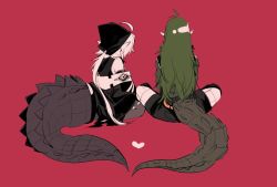 Rule 34 | 2girls, ahoge, antenna hair, arknights, ban syou, black jacket, black shorts, black thighhighs, crocodilian girl, crocodilian tail, facing away, from behind, gavial (arknights), green hair, green jacket, heart, heart tail, heart tail duo, hood, hood up, indian style, jacket, long hair, long sleeves, low ponytail, multiple girls, off shoulder, pointy ears, ponytail, red background, shorts, sitting, symbol-shaped pupils, tail, thighhighs, tomimi (arknights), torn clothes, torn legwear, wariza, white hair, yuri