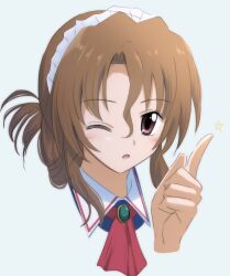Rule 34 | 1girl, ascot, brown eyes, brown hair, folded ponytail, hayate no gotoku!, highres, index finger raised, lelie (lelie link), looking at viewer, maid, maid headdress, maria (hayate no gotoku!), one eye closed, red ascot, simple background, solo, upper body, white background