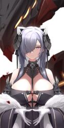 Rule 34 | 1girl, absurdres, august von parseval (azur lane), azur lane, bare shoulders, black dress, black horns, breasts, coat, cross, curled horns, dress, fur-trimmed coat, fur trim, gloves, hair over one eye, highres, horns, iron cross, large breasts, long hair, long sleeves, looking at viewer, non-humanoid robot, off shoulder, parted lips, purple eyes, purple hair, robot, robot dragon, showmoo, simple background, solo, upper body, white background, white gloves, wide sleeves