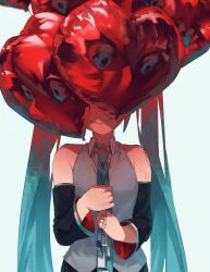 Rule 34 | 1girl, alternate hair color, balloon, black sleeves, blue hair, blue necktie, closed mouth, collared shirt, commentary, covered eyes, detached sleeves, disembodied eye, english commentary, facing viewer, grey shirt, hatsune miku, heart balloon, highres, holding, holding balloon, multicolored hair, necktie, number tattoo, red hair, shirt, shoulder tattoo, sleeveless, sleeveless shirt, smile, solo, tattoo, twintails, two-handed, two-tone hair, upper body, vocaloid, white background, x oo39