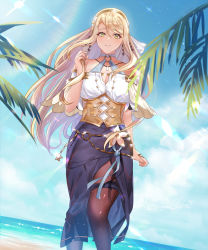 Rule 34 | 1girl, atelier (series), atelier ryza, atelier ryza 1, beach, blonde hair, blue skirt, blue sky, blush, breasts, brown hairband, brown pantyhose, cleavage, cloud, collarbone, day, dutch angle, floating hair, flower, green eyes, hairband, highres, klaudia valentz, large breasts, long hair, long skirt, looking at viewer, ocean, off-shoulder shirt, off shoulder, outdoors, palm tree, pantyhose, parted lips, shirt, side slit, skirt, sky, smile, smk, solo, standing, summer, sunlight, swept bangs, tree, underbust, very long hair, white flower, white shirt