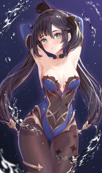 Rule 34 | 1girl, :o, absurdres, aqua eyes, armpits, arms behind head, arms up, asymmetrical bangs, bare shoulders, black choker, black gloves, black hair, black pantyhose, blue leotard, blush, bodystocking, breasts, choker, collarbone, covered navel, cowboy shot, dark background, detached sleeves, elbow gloves, floating hair, genshin impact, gloves, gluteal fold, gold trim, groin, hair between eyes, hair ornament, has bad revision, has cropped revision, hayashi takeo, head tilt, highres, hip focus, jewelry, leotard, light particles, long hair, looking at viewer, medium breasts, mona (genshin impact), neck, necklace, open mouth, pantyhose, purple background, resolution mismatch, sidelocks, solo, source smaller, sparkle print, star (symbol), star choker, star hair ornament, strapless, strapless leotard, thigh gap, thighlet, thighs, twintails, water, water drop