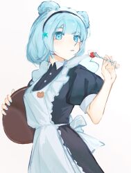 Rule 34 | 1girl, alternate costume, animal ears, apron, arknights, bear ears, black dress, blue eyes, blue hair, blue nails, breasts, closed mouth, collared dress, commentary request, dress, enmaided, food, fork, frilled apron, frills, fruit, gradient background, grey background, hair ornament, hand up, holding, holding fork, holding tray, hua qingye, istina (arknights), maid, maid apron, maid headdress, nail polish, puffy short sleeves, puffy sleeves, short sleeves, small breasts, solo, star (symbol), star hair ornament, strawberry, tray, white apron, white background