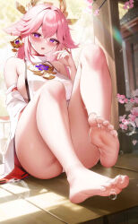 Rule 34 | 1girl, absurdres, animal ears, bare shoulders, blush, breasts, cherry blossoms, commentary request, crossed bangs, detached sleeves, fantongjun, feet, flower, fox ears, full body, genshin impact, hair ornament, hand up, highres, japanese clothes, knees up, large breasts, long hair, long sleeves, looking at viewer, miko, open mouth, panties, pink hair, purple eyes, sideboob, sitting, soles, thighs, toes, underwear, white panties, yae miko