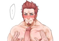 Rule 34 | 2boys, bara, beard, between pecs, between pectorals, blue eyes, blush, brown hair, closed mouth, cropped torso, face, facial hair, fate/grand order, fate (series), frottage, goatee, grabbing, long sideburns, looking down, male focus, multiple boys, muscular, napoleon bonaparte (fate), pecjob, pectoral grab, pectorals, realmokouze, scar, sideburns, solo focus, sweatdrop, uncensored, white background, yaoi