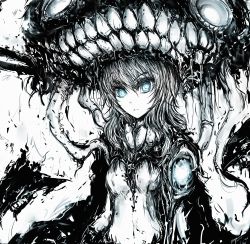 Rule 34 | 10s, 1girl, abyssal ship, blue eyes, blue theme, bodysuit, covered navel, hat, head tilt, highres, kantai collection, long hair, looking at viewer, merpperoni, monochrome, monster, ruff, simple background, solo, spot color, teeth, white background, wo-class aircraft carrier