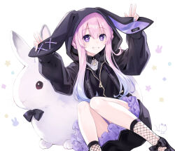 Rule 34 | 1girl, animal hood, black bow, black bowtie, blue nails, bow, bowtie, character request, copyright request, fishnet socks, fishnets, footwear bow, frilled skirt, frills, gradient hair, grin, hood, looking at viewer, multicolored hair, nail polish, pink hair, purple eyes, purple hair, purple skirt, rabbit, rabbit accessory, rabbit hood, skirt, smile, socks, solo, star-shaped pupils, star (symbol), symbol-shaped pupils, tsunako, v, w