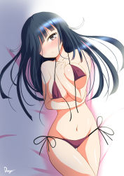 Rule 34 | 10s, 1girl, bikini, black eyes, black hair, blush, breasts, deego (omochi bazooka), covered erect nipples, hair over one eye, hayashimo (kancolle), highres, kantai collection, long hair, looking at viewer, lying, navel, on back, open clothes, parted lips, solo, swimsuit