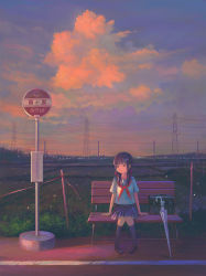Rule 34 | 1girl, bag, bench, black socks, blue skirt, blue sky, blunt bangs, brown footwear, bus stop, cloud, cloudy sky, commentary request, evening, feel (nasitaki), grass, hair ribbon, highres, kneehighs, knees together feet apart, light particles, loafers, long hair, on bench, original, outdoors, pigeon-toed, pleated skirt, power lines, red eyes, red neckwear, red ribbon, ribbon, rice paddy, road sign, rural, scenery, school uniform, serafuku, shoes, short sleeves, sign, sitting, skirt, sky, socks, solo, translation request, transmission tower, transparent, transparent umbrella, twintails, umbrella, unworn bag, utility pole, wide shot