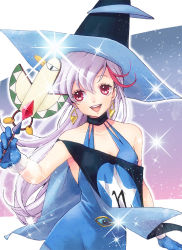 Rule 34 | 1girl, aikawa akane, bare shoulders, black hat, blue dress, blue gloves, dress, facing viewer, gloves, hat, looking at viewer, mahou tsukai tai!, multicolored hair, no bra, purple hair, sleeveless, sleeveless dress, smile, solo, streaked hair, tagme, upper body, witch hat