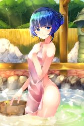 Rule 34 | 1girl, blue eyes, blue hair, braid, bucket, collarbone, commentary request, covering privates, day, ekusera, fence, groin, hair bun, hand up, head tilt, highres, holding, looking at viewer, nude, nude cover, onsen, outdoors, parted lips, rock, rubber duck, shironeko project, single hair bun, smile, solo, standing, steam, towa (shironeko project), towel, tree, wading, water, wet, wooden bucket