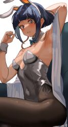 Rule 34 | 1girl, animal ears, arm up, armpits, black eyes, black hair, black leotard, blue bow, blue bowtie, boku no hero academia, bow, bowtie, breasts, brown pantyhose, covered navel, detached collar, fake animal ears, highleg, highres, jirou kyouka, leotard, long earlobes, looking at viewer, pantyhose, playboy bunny, rabbit ears, short hair, sidelocks, sitting, small breasts, solo, strapless, strapless leotard, sweat, wrist cuffs, zd (pixiv6210083)