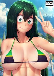 Rule 34 | 1girl, :&gt;, artist logo, artist name, asui tsuyu, bare shoulders, bikini, boku no hero academia, breasts, closed mouth, cloud, collarbone, female focus, green eyes, green hair, highres, large breasts, long hair, looking at viewer, micro bikini, ohdax, outdoors, sky, smile, swimsuit, tongue, tongue out, upper body, v