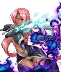 Rule 34 | 00s, 1girl, boots, breasts, cleavage, cleavage cutout, clothing cutout, dark skin, dark-skinned female, elbow gloves, energy, covered erect nipples, female focus, fire, g-string, gloves, highres, ingrid (taimanin asagi), kagami hirotaka, large breasts, lilith-soft, lipstick, long hair, looking at viewer, magic, makeup, mole, navel, no bra, parted lips, pink hair, purple lips, solo, sword, taimanin (series), taimanin asagi, taimanin asagi kessen arena, thigh boots, thighhighs, thong, underboob, weapon, wide hips, yellow eyes