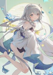 Rule 34 | 1girl, absurdly long hair, absurdres, bare legs, bare shoulders, barefoot, blue eyes, blue flower, blush, breasts, closed mouth, detached sleeves, eyelashes, feet, flower, foot out of frame, genshin impact, green background, grey hair, guizhong (genshin impact), hair ornament, highres, leg up, long hair, looking at viewer, medium breasts, petals, sleeves past fingers, sleeves past wrists, smile, solo, tongue, very long hair, wide sleeves, yutou (yutou75)