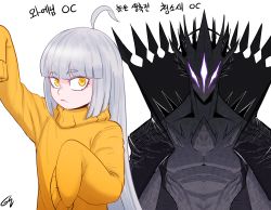 Rule 34 | 1girl, 1other, ahoge, arm up, black cloak, black skin, blunt bangs, cloak, closed mouth, collarbone, colored skin, extra eyes, gj gwaeji, glowing, glowing eyes, grey hair, highres, horns, long hair, looking at viewer, original, signature, simple background, sleeves past fingers, sleeves past wrists, spikes, sweater, translation request, upper body, white background, yellow sweater
