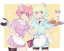 Rule 34 | 1boy, 1girl, aina ardebit, alternate costume, alternate hairstyle, apron, bike shorts, bike shorts under shorts, black thighhighs, blue eyes, blue shirt, blue shorts, border, breasts, burger, character name, coffee pot, food, french fries, green hair, heart, highres, holding, holding tray, ice cream, kome 1022, large breasts, light blush, lio fotia, low ponytail, maid apron, matching outfits, menu, menu board, midriff, name tag, pink hair, pink shirt, pink skirt, ponytail, promare, puffy shorts, purple eyes, shirt, short hair, shorts, side ponytail, single thighhigh, skirt, striped, sundae, sweatdrop, thighhighs, tied shirt, trap, tray, vertical stripes, waiter, waitress, white border, white headwear, yellow background