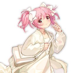 Rule 34 | 1girl, absurdres, bag, blush, bow, chinese commentary, coat, collarbone, commentary request, cowboy shot, dress, from side, hair bow, hand up, highres, holding strap, index finger raised, kaname madoka, long sleeves, looking at viewer, mahou shoujo madoka magica, mahou shoujo madoka magica (anime), open clothes, open coat, outline, pink eyes, pink hair, shan tong tong, short hair, short twintails, shoulder bag, simple background, smile, solo, twintails, upper body, white background, white bow, white coat, white dress, white outline
