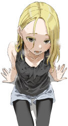 Rule 34 | 1girl, absurdres, black eyes, black tank top, blonde hair, blue shorts, collarbone, commentary request, forehead, from above, highres, looking at viewer, medium hair, open mouth, original, pantyhose, shorts, simple background, solo, tank top, teeth, wet, wet clothes, wet hair, white background, white pantyhose, yamamoto souichirou