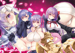 Rule 34 | 4girls, armor, armored boots, ass, bandage over one eye, bandaged arm, bandaged head, bandaged leg, bandages, bare shoulders, bb (fate), bb (fate/extra), black legwear, blue eyes, blue ribbon, blush, boots, breasts, claws, cleavage, collar, commentary request, crotch plate, fate/extra, fate/extra ccc, fate/grand order, fate (series), giant, giantess, gloves, hair over one eye, hair ribbon, holding, huge breasts, ikura nagisa, kingprotea (fate), large breasts, long hair, long sleeves, looking at viewer, medium breasts, meltryllis (fate), moss, multiple girls, o-ring, o-ring top, one eye closed, open mouth, panties, passionlip (fate), passionlip (third ascension) (fate), pink eyes, purple eyes, purple hair, pussy, pussy peek, red ribbon, revealing clothes, ribbon, sidelocks, sitting, skindentation, skirt, sleeves past wrists, smile, spread legs, thighhighs, underwear, very long hair, white gloves, white panties, yandere