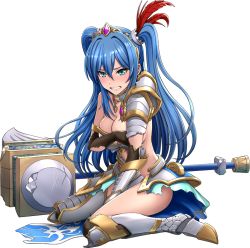 Rule 34 | 1girl, aqua eyes, armor, blue hair, blush, breasts, cleavage, covering privates, covering breasts, flower, full body, hair ornament, long hair, official art, oshiro project:re, oshiro project:re, seiza, shamakho, sitting, solo, torn clothes, transparent background, twintails, very long hair, yodo (oshiro project)