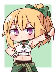 Rule 34 | 1girl, armpits, bare shoulders, black shorts, blonde hair, blush, bow, chibi, chloe (princess connect!), chloe (school festival) (princess connect!), closed mouth, clothes around waist, collared shirt, crop top, green background, green bow, green jacket, hair between eyes, hair bow, hana kazari, hand on own hip, high ponytail, highres, jacket, jacket around waist, looking at viewer, midriff, navel, outstretched arm, ponytail, princess connect!, purple eyes, shirt, shorts, sleeveless, sleeveless shirt, solo, two-tone background, v-shaped eyebrows, white background, white shirt