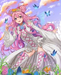 Rule 34 | 1girl, :d, absurdres, bad id, bad pixiv id, blue eyes, blue sky, bow, bug, butterfly, clothing cutout, cloud, cross-laced clothes, cross-laced footwear, dated, day, double bun, dress, fairy wings, flower, frilled sleeves, frills, full body, hair bow, hair flower, hair ornament, heart, heart-shaped pupils, highres, insect, long hair, looking at viewer, open mouth, outdoors, pink bow, ribbon, shoulder cutout, signature, sky, smile, sparkle, standing, star (symbol), symbol-shaped pupils, tacco (tikeworld), transparent wings, very long hair, water drop, white dress, white footwear, wings