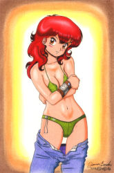 Rule 34 | bikini, blush, bracer, breasts, brown eyes, clothes pull, denim, james bender, jeans, magami eiko, pants, pants pull, project a-ko, red hair, smile, source request, swimsuit, tagme