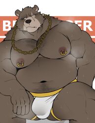 1boy absurdres animal_ears bara bear_boy bear_ears belly ben_bigger biceps bulge chain chain_necklace character_name chest_hair closed_mouth commentary english_commentary fat fat_man furry furry_male highres jewelry jockstrap looking_to_the_side male_focus male_underwear minkz_(whitebeast20) navel navel_hair necklace nipple_piercing nipples notched_ear pectorals piercing scar scar_across_eye topless_male underwear white_male_underwear zenless_zone_zero