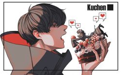 Rule 34 | 2boys, absurdres, berry, black border, black coat, black eyes, black footwear, black hair, blackberry (fruit), boots, border, cake, cake slice, coat, commentary request, currant, fatalbug896, food, from side, fruit, full body, german text, heart, high collar, high heels, highres, holding, holding cake, holding food, holding fruit, looking at another, male focus, mini person, miniboy, multiple boys, open mouth, original, outside border, portrait, profile, raspberry, short hair, simple background, sleeves past fingers, sleeves past wrists, speech bubble, spoken heart, translated, turtleneck, two-sided coat, two-sided fabric, white background