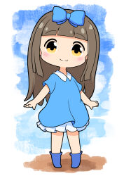 Rule 34 | 1girl, :3, absurdres, adapted costume, arms up, blue background, blue bow, blue dress, blue footwear, blunt bangs, blush, boots, bow, brown hair, chibi, closed mouth, dress, full body, hair bow, highres, long hair, looking at viewer, no wings, nokori tsuki, pigeon-toed, shadow, short sleeves, simple background, solo, standing, star sapphire, touhou, white background, wing collar, yellow eyes