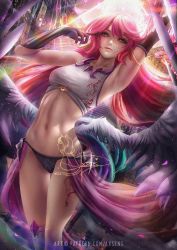 Rule 34 | 1girl, armpits, arms up, artist name, axsen, backlighting, black gloves, breasts, closed mouth, collarbone, commentary, crop top, english commentary, feathered wings, feet out of frame, glint, gloves, highres, jibril (no game no life), light rays, long hair, low wings, medium breasts, navel, no game no life, orange eyes, pink hair, pink lips, pointy ears, revealing clothes, signature, single thighhigh, sleeveless, smile, solo, standing, stomach, sunbeam, sunlight, thigh gap, thighhighs, toned, very long hair, waist cape, watermark, web address, white thighhighs, white wings, wings