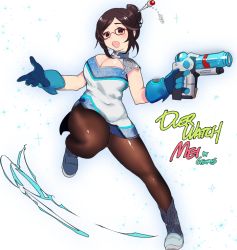 Rule 34 | 1girl, adapted costume, alternate costume, artist name, bad id, bad twitter id, beads, blue footwear, blue gloves, boots, breasts, brown hair, character name, cleavage, cleavage cutout, clothing cutout, covered navel, dress, full body, gearous, glasses, gloves, gun, hair bun, hair ornament, hair stick, hairpin, holding, holding weapon, large breasts, leg up, mei (overwatch), open mouth, overwatch, overwatch 1, pantyhose, red-framed eyewear, robot, short hair, single hair bun, smile, solo, standing, transparent background, weapon, white background