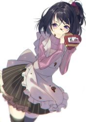 Rule 34 | 1girl, apron, black hair, blush, chocolate, chocolate on face, food, food on face, natasha (pommier), original, purple eyes, ribbed sweater, short hair, side ponytail, sketch, solo, sweater, valentine